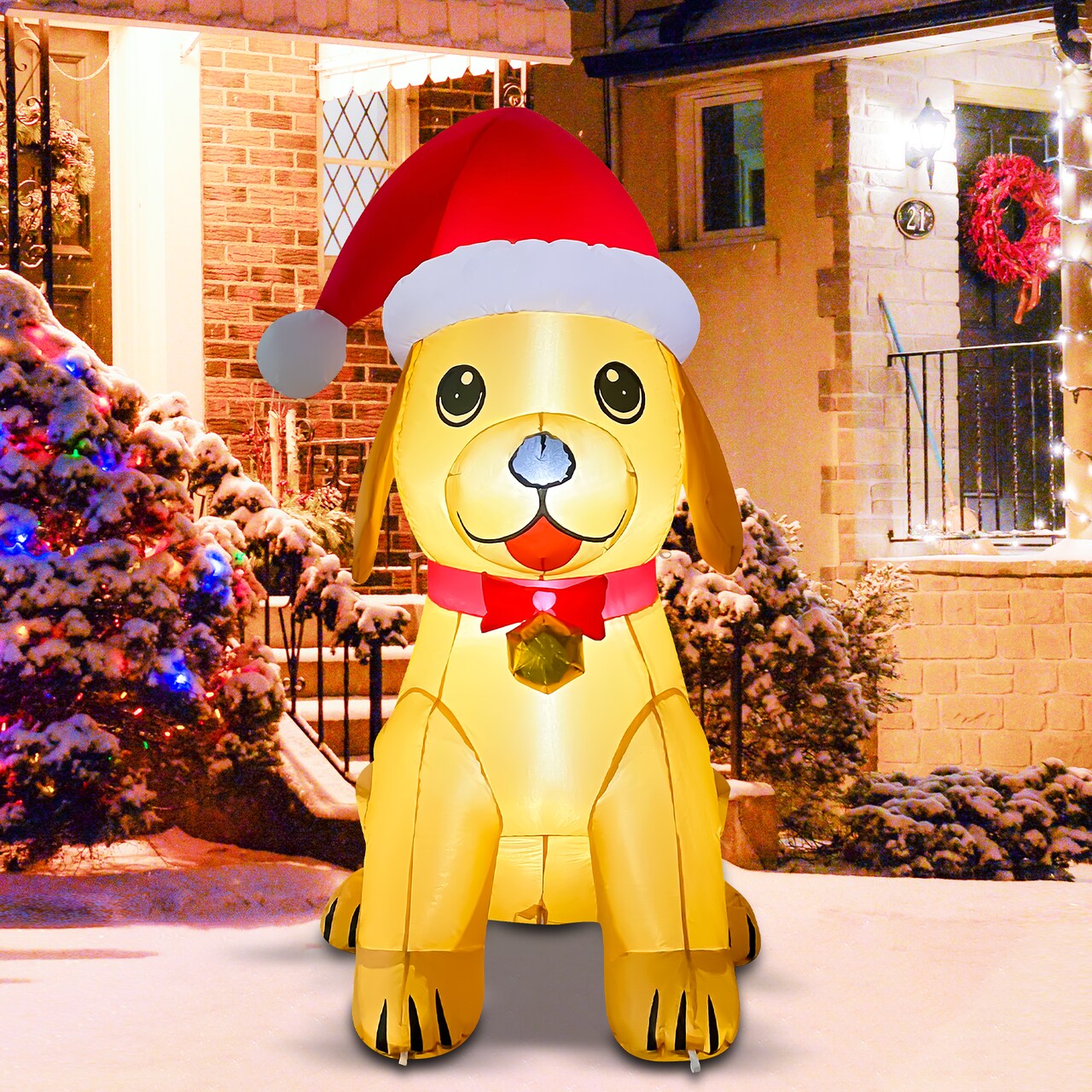 GOOSH 5.2FT Christmas Golden Puppy Inflatable with Santa Hat and LED Lights